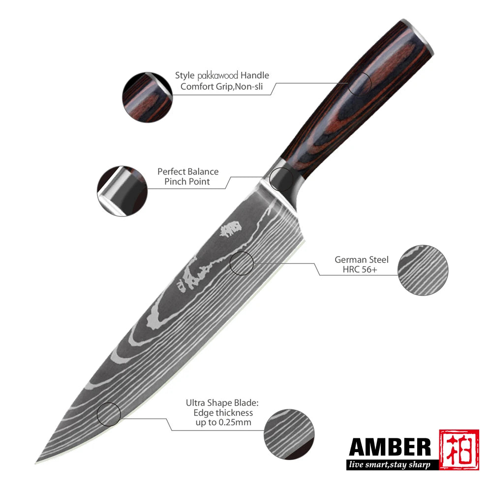 Professional Kitchen Vegetable and Fruit Cutting Knife Set Chef Knife Japanese Santoku Meat Cleaver Knife with Pakkawood Handle