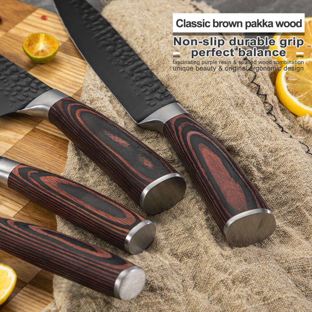 Professional Kitchen Vegetable and Fruit Cutting Knife Set Chef Knife Japanese Santoku Meat Cleaver Knife with Pakkawood Handle