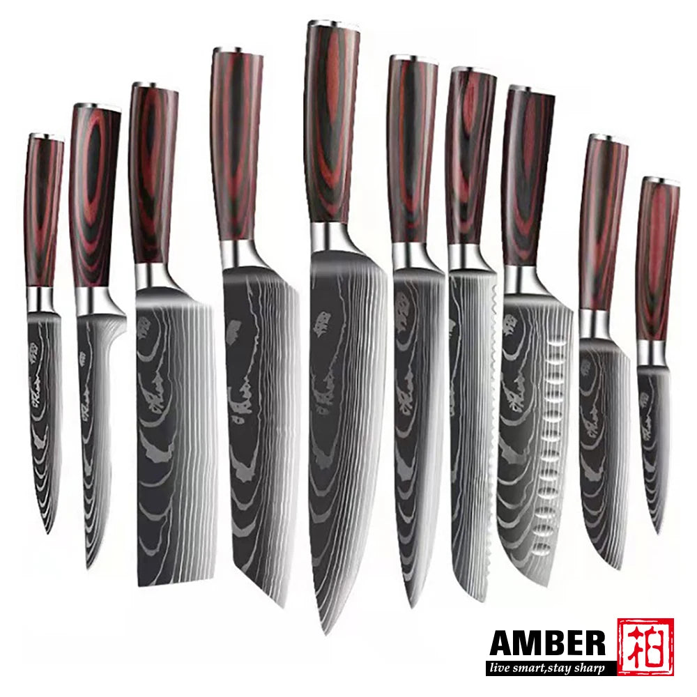 Professional Kitchen Vegetable and Fruit Cutting Knife Set Chef Knife Japanese Santoku Meat Cleaver Knife with Pakkawood Handle