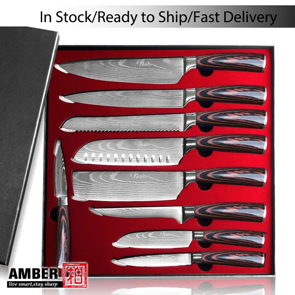 Professional Kitchen Vegetable and Fruit Cutting Knife Set Chef Knife Japanese Santoku Meat Cleaver Knife with Pakkawood Handle