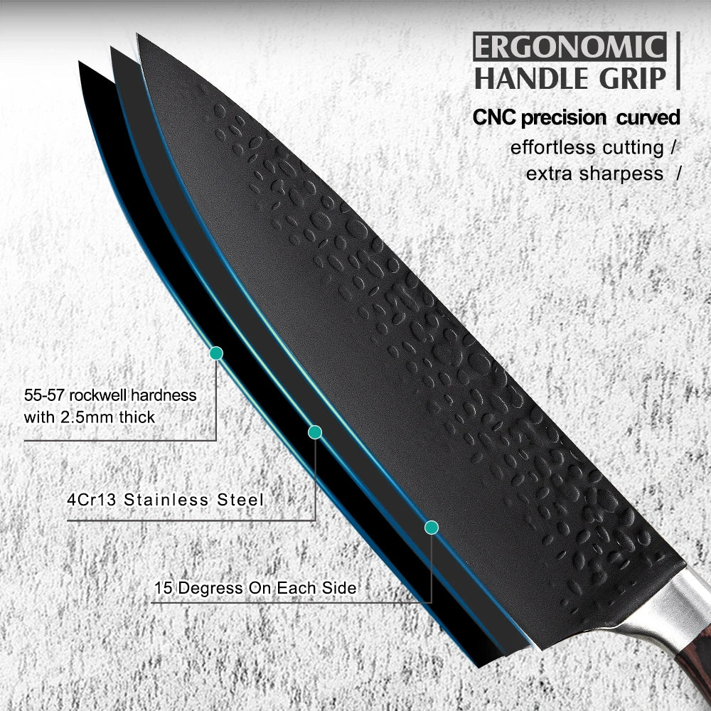 Professional Kitchen Vegetable and Fruit Cutting Knife Set Chef Knife Japanese Santoku Meat Cleaver Knife with Pakkawood Handle
