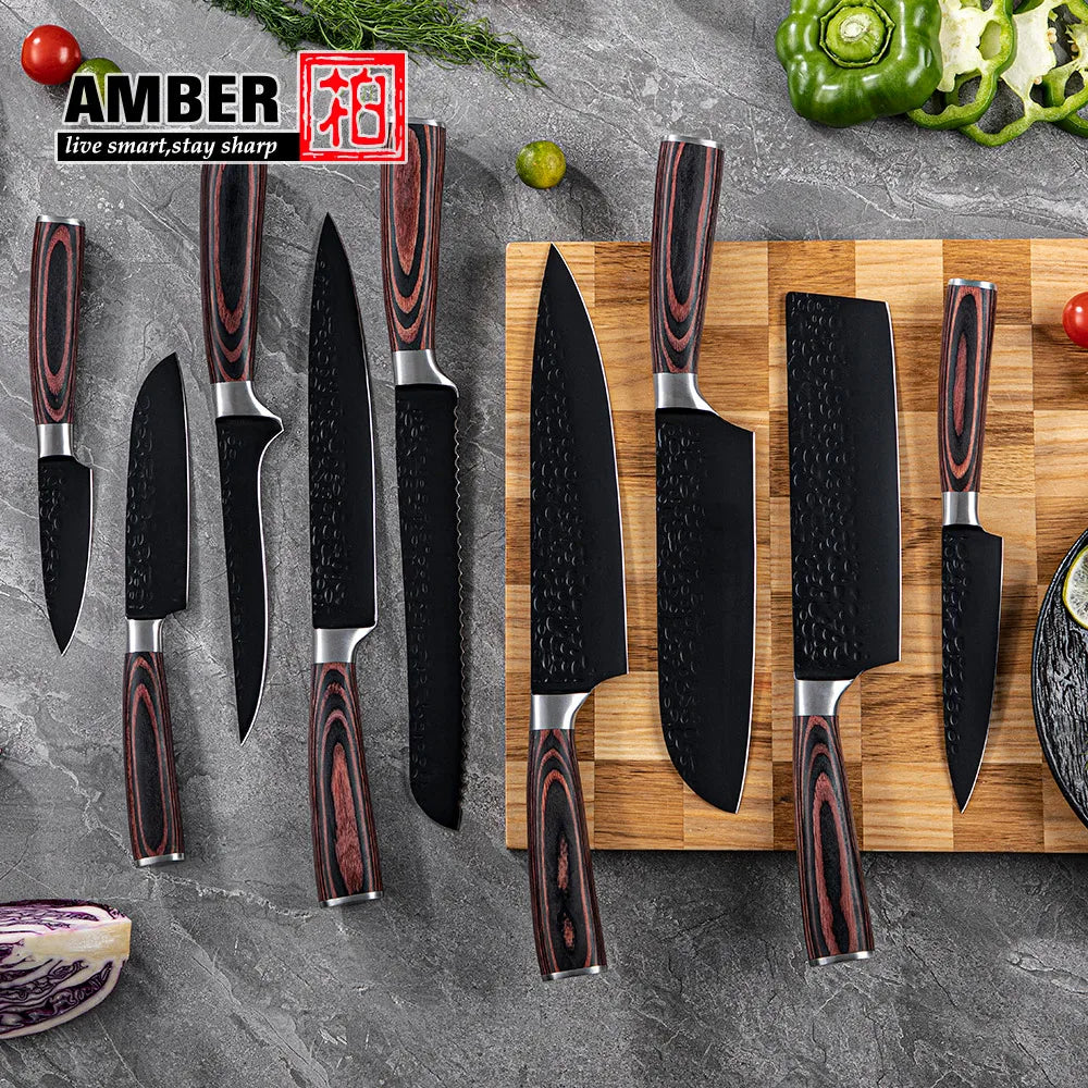 Professional Kitchen Vegetable and Fruit Cutting Knife Set Chef Knife Japanese Santoku Meat Cleaver Knife with Pakkawood Handle