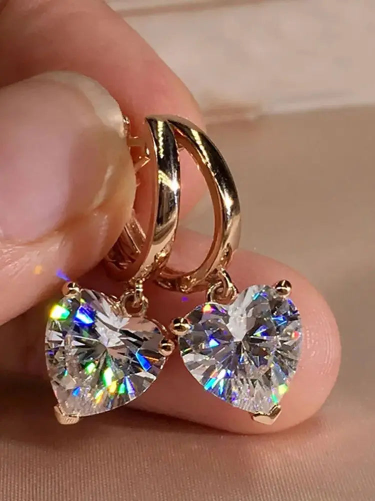 Charming Gold Color Hoop Earrings Heart Shape Zircon Dangle Earrings Women Wedding Jewelry Gift for Women Girls