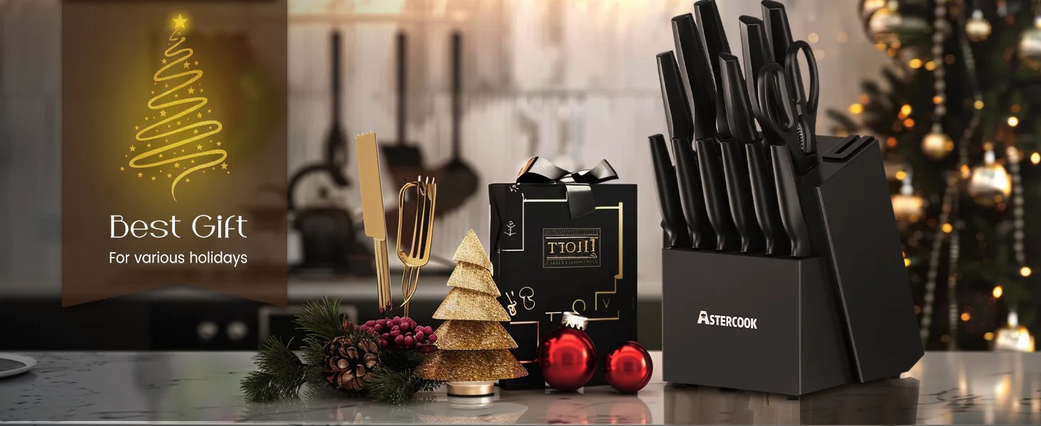 Astercook Kitchen Knife Set with Built-in Sharpener Block, Dishwasher Safe, 15 Pieces German Stainless Steel Knife Block Set
