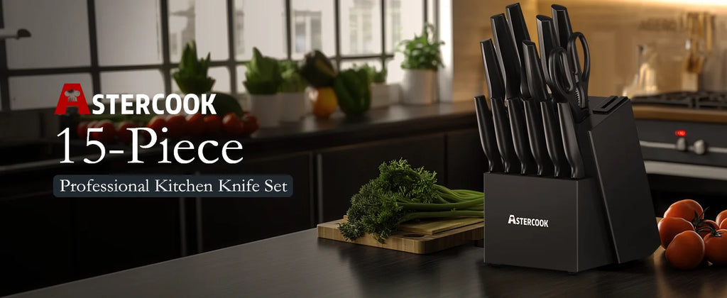 Astercook Kitchen Knife Set with Built-in Sharpener Block, Dishwasher Safe, 15 Pieces German Stainless Steel Knife Block Set