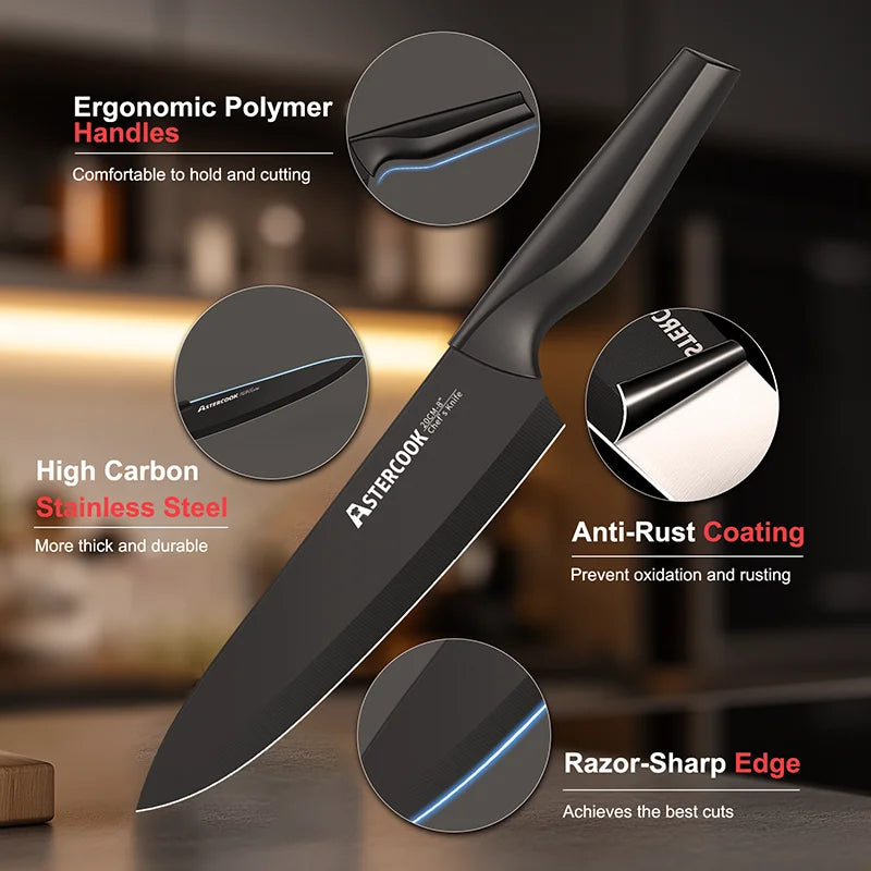 Astercook Kitchen Knife Set with Built-in Sharpener Block, Dishwasher Safe, 15 Pieces German Stainless Steel Knife Block Set