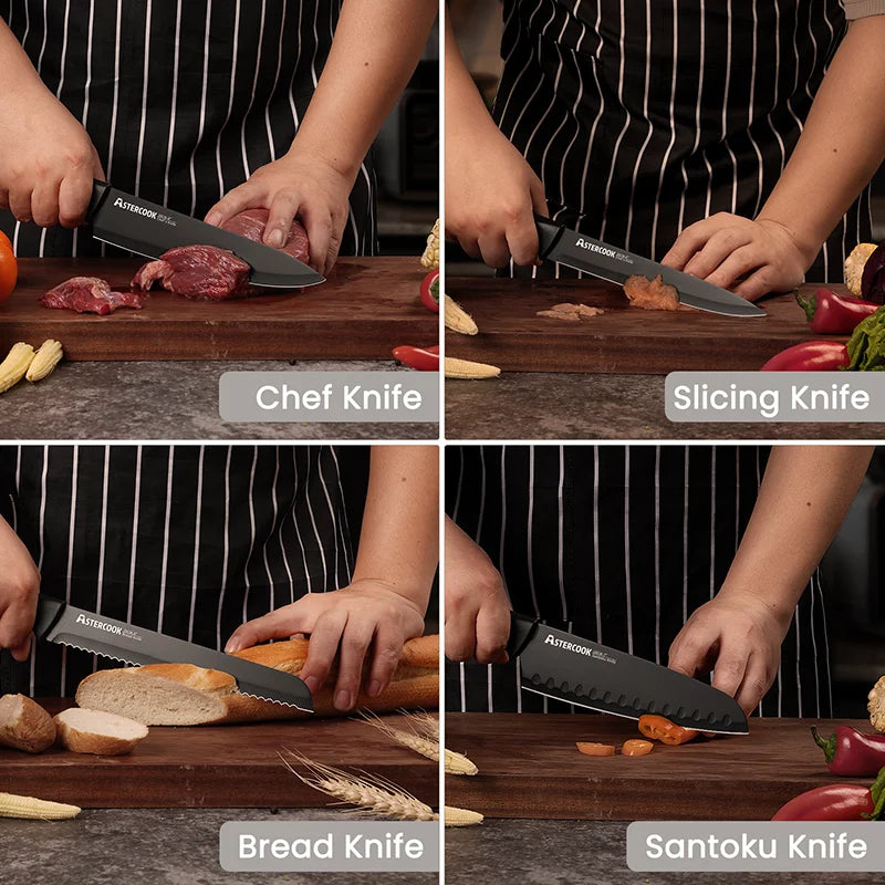 Astercook Kitchen Knife Set with Built-in Sharpener Block, Dishwasher Safe, 15 Pieces German Stainless Steel Knife Block Set