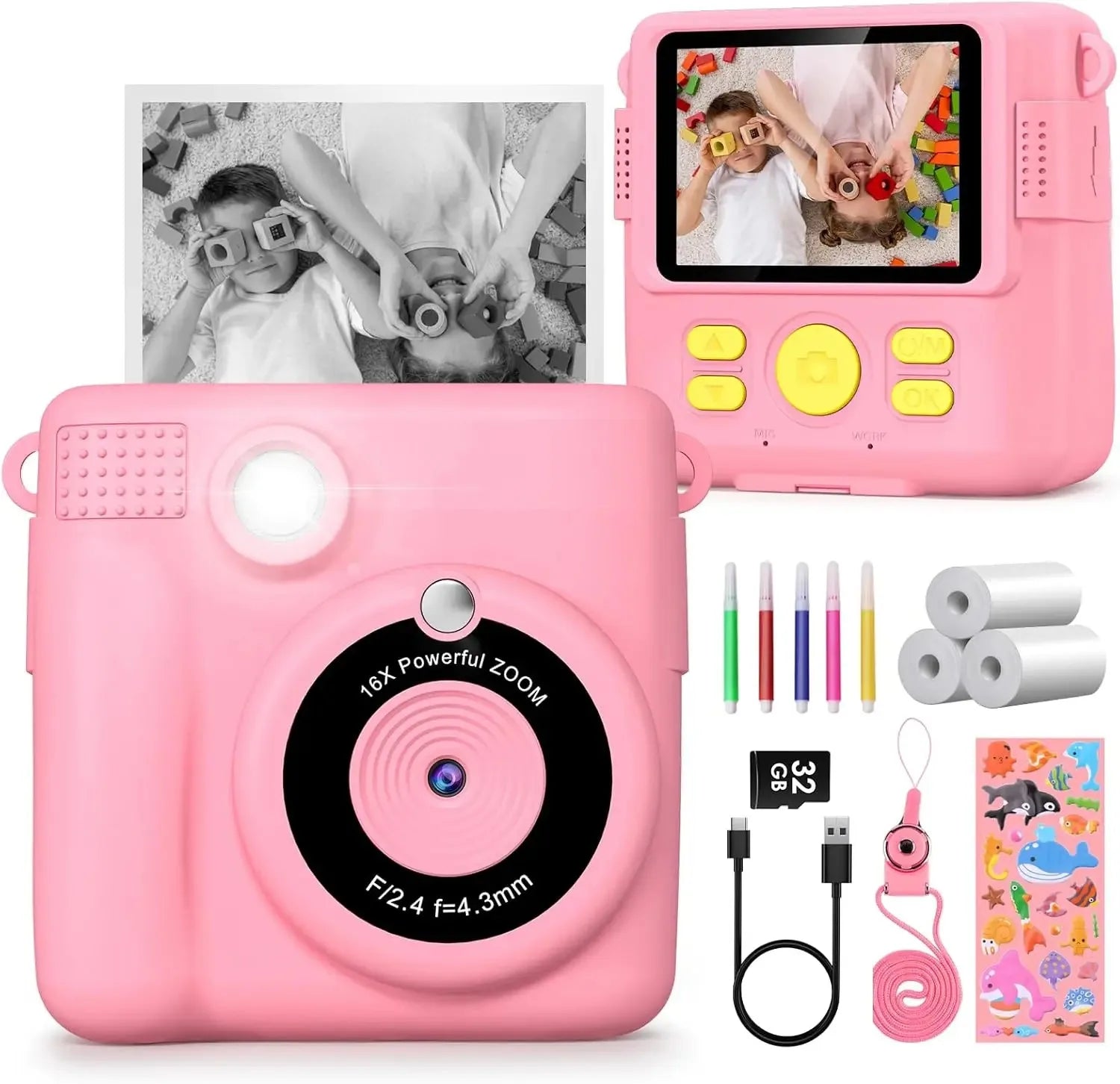 Instant Camera for Kids 2.4" 1080P Video Camera Instant Print Digital Camera with 32GB Card Gift for 3-12 Children's Camera