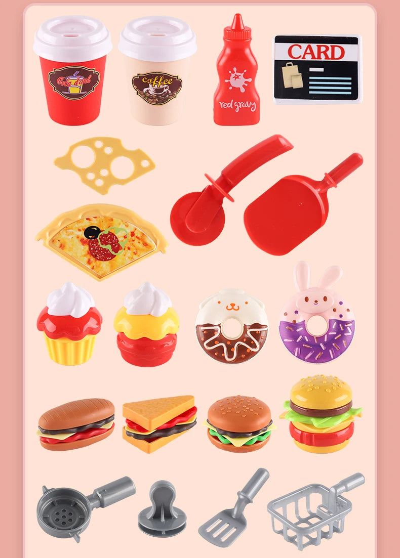 Kid Play House Game Kitchen Fast Food Restaurant Burger Fries Dessert Coffee Machine Cashier Set Mini Educational Role Play Toys