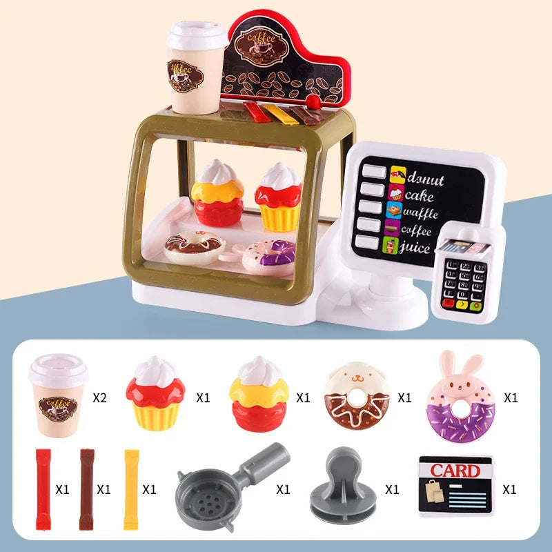 Kid Play House Game Kitchen Fast Food Restaurant Burger Fries Dessert Coffee Machine Cashier Set Mini Educational Role Play Toys