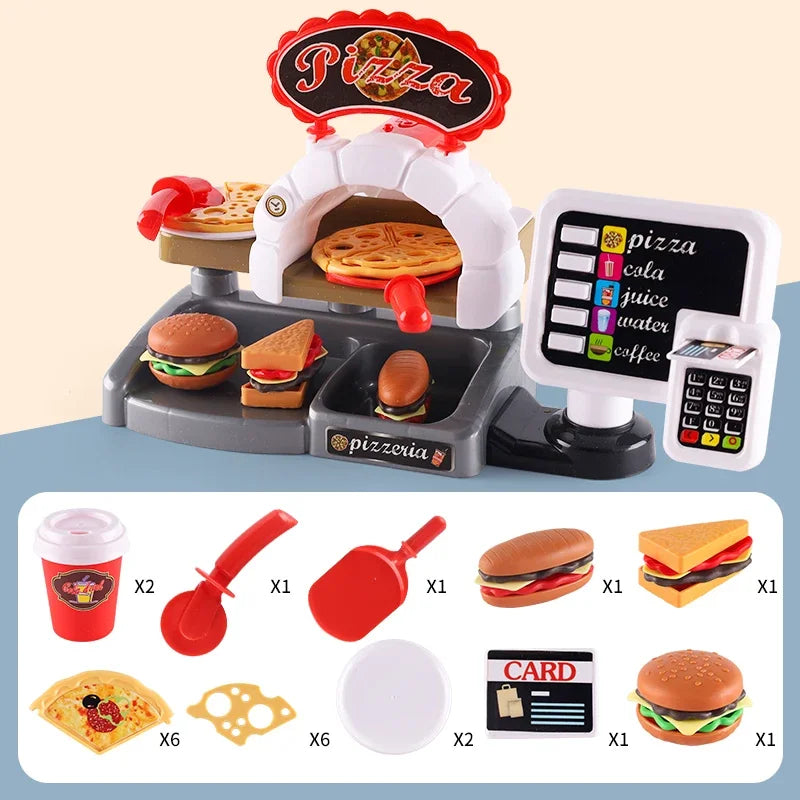 Kid Play House Game Kitchen Fast Food Restaurant Burger Fries Dessert Coffee Machine Cashier Set Mini Educational Role Play Toys