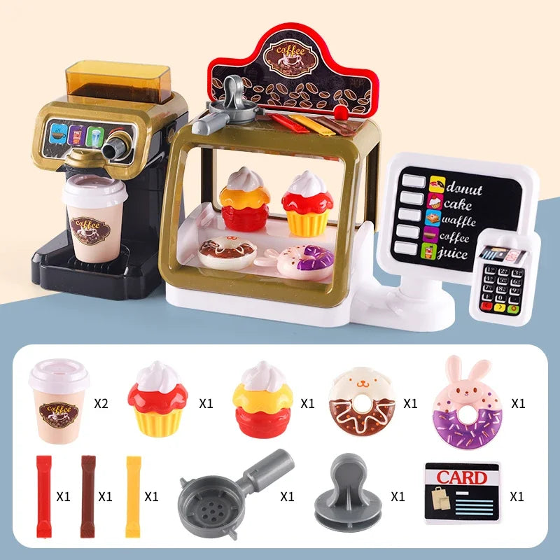 Kid Play House Game Kitchen Fast Food Restaurant Burger Fries Dessert Coffee Machine Cashier Set Mini Educational Role Play Toys