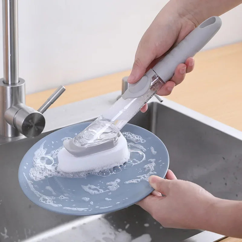 Kitchen Long Handle Cleaning Brush Automatic Liquid Dispenser Dishwashing Sponge Cleaning Brush Scrubber Kitchen Cleaning Tools