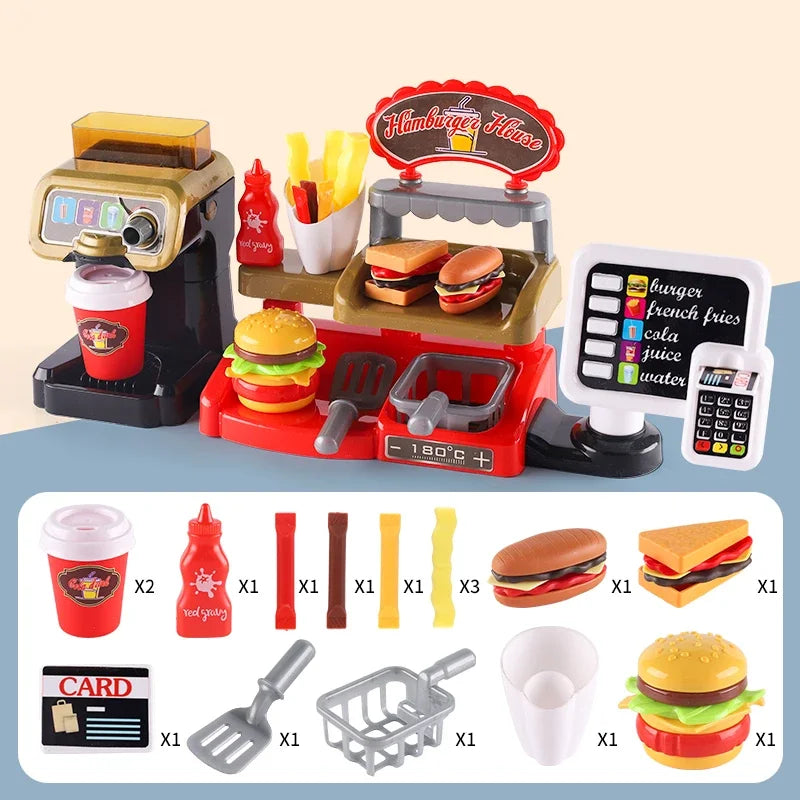 Kid Play House Game Kitchen Fast Food Restaurant Burger Fries Dessert Coffee Machine Cashier Set Mini Educational Role Play Toys