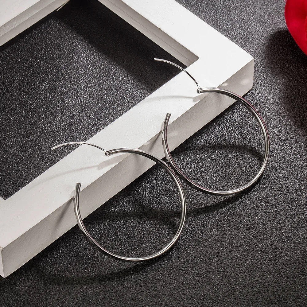 Luxury 925 Sterling Silver 5cm Large Circle Thin Hoop Earrings for Women, Original Designer Jewelry, Party Wedding Jewelry Gift