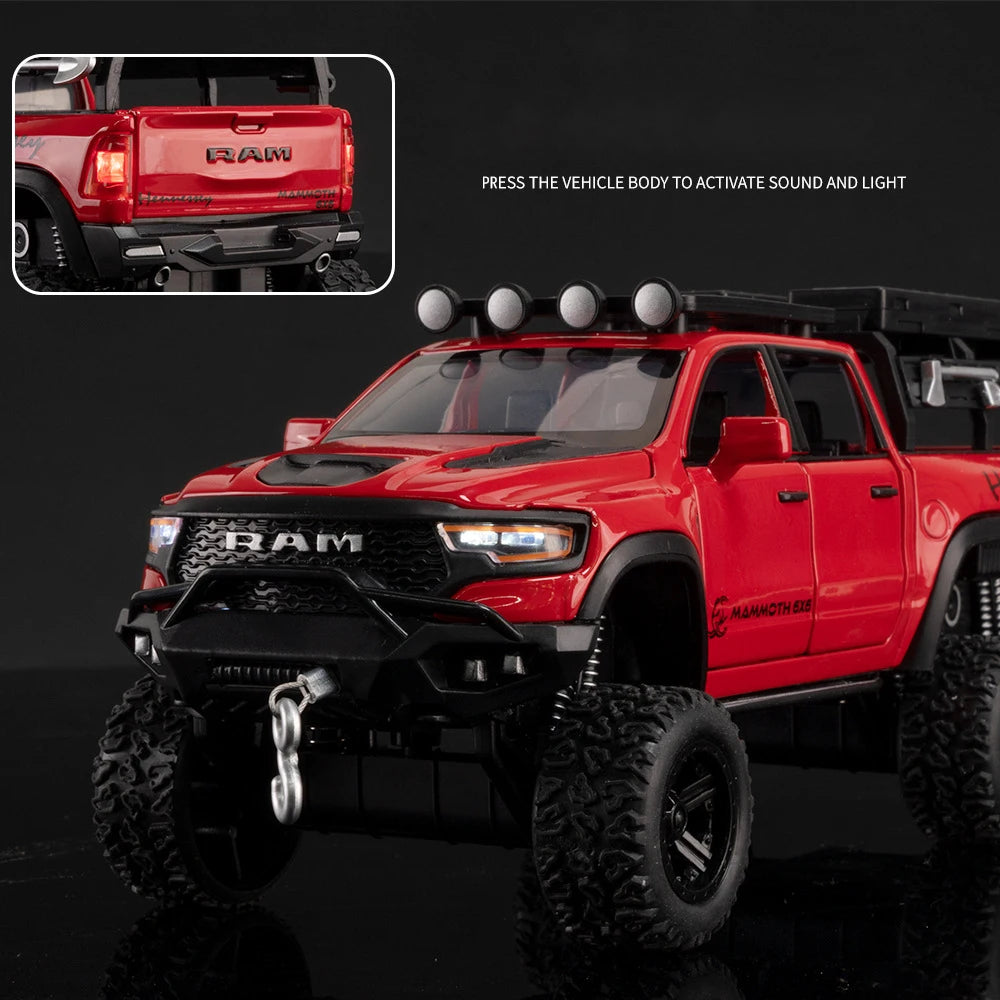 1:32 RAM 1500 TRX 6X6 Tyrannosaurus Rex Picku Alloy Car Model Sound and Light Children's Toy Collectibles Birthday gift