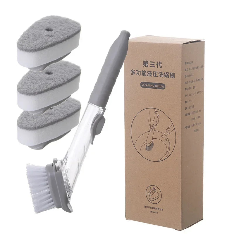 Kitchen Long Handle Cleaning Brush Automatic Liquid Dispenser Dishwashing Sponge Cleaning Brush Scrubber Kitchen Cleaning Tools