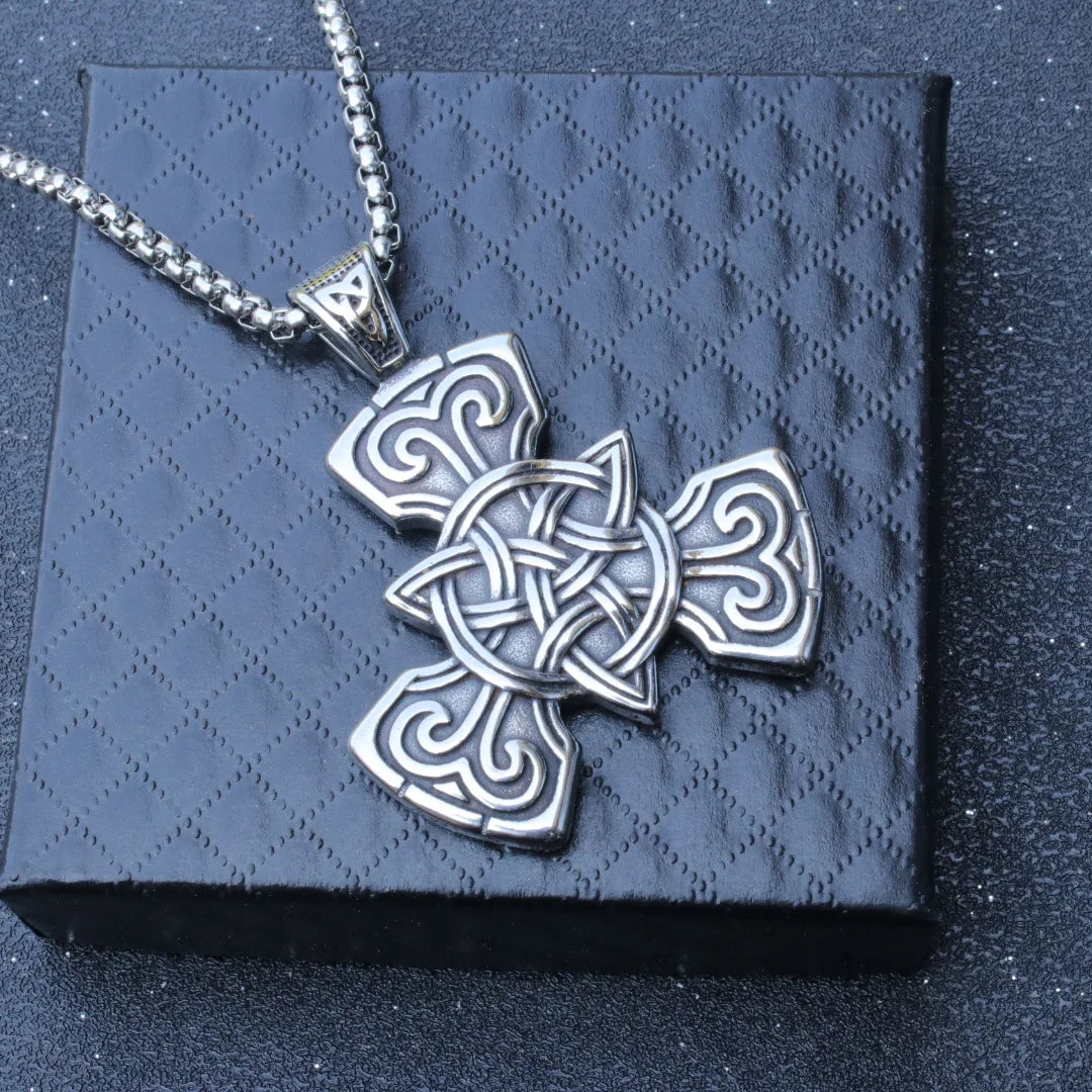 Retro Celtic Knot Cross Pendant Necklace For Women Men Vintage Silver Color Stainless Steel Neck Chain Punk Hip Hop Jewelry Gift