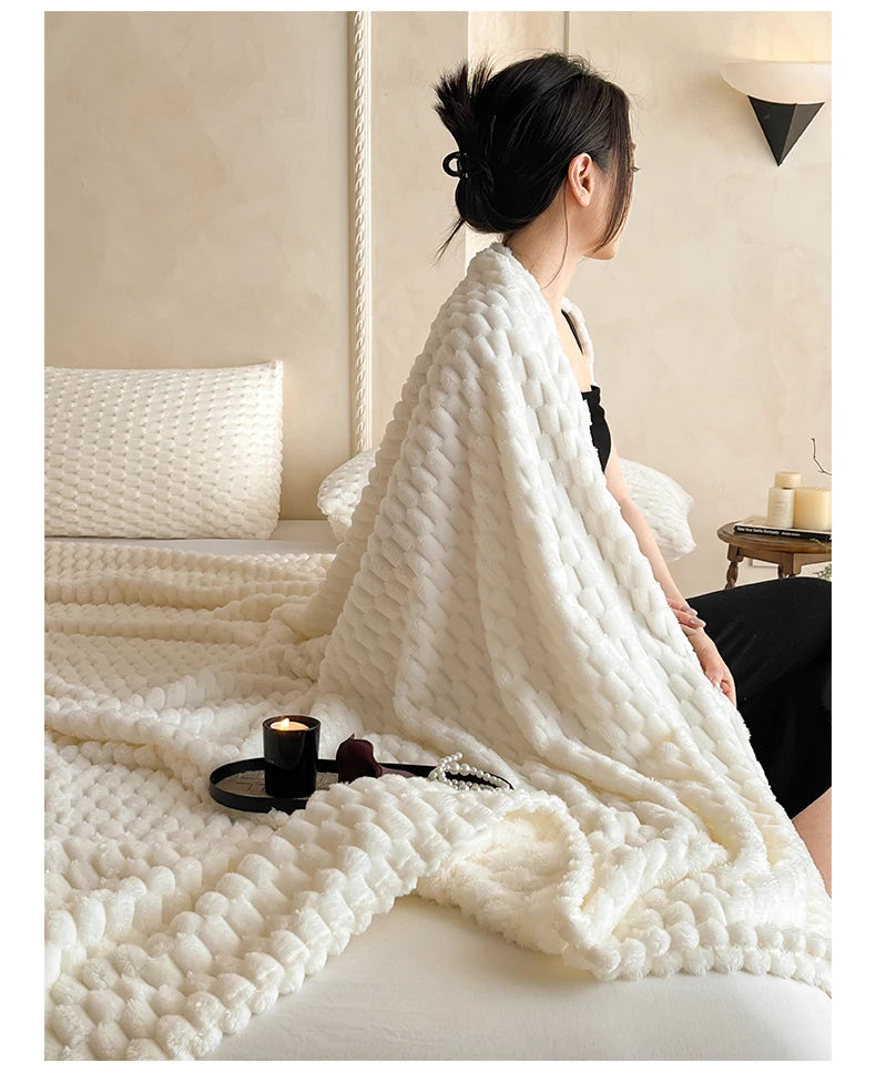 Super Soft Throw Blanket Ivory Premium Silky Flannel Fleece 3D Clouds Stylish Jacquard Lightweight Bed Blanket All Season Use