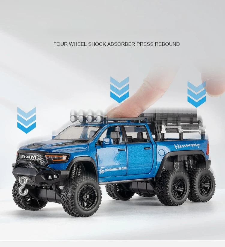1:32 RAM 1500 TRX 6X6 Tyrannosaurus Rex Picku Alloy Car Model Sound and Light Children's Toy Collectibles Birthday gift