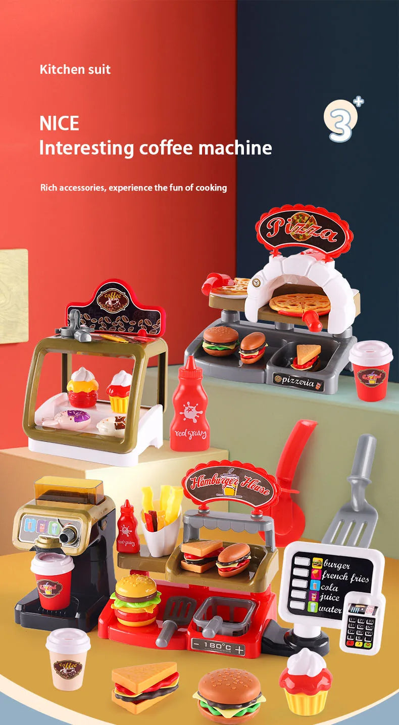 Kid Play House Game Kitchen Fast Food Restaurant Burger Fries Dessert Coffee Machine Cashier Set Mini Educational Role Play Toys