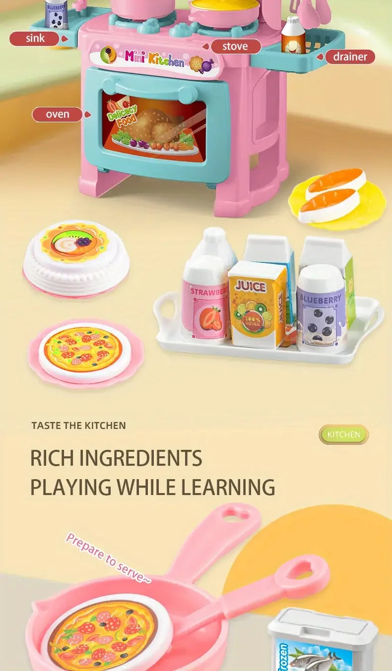 Kids Mini Kitchen Counter Play Set DIY Simulated Cooking Food Tableware Play House Role Play Pretend Game Toys Gift for Boy Girl