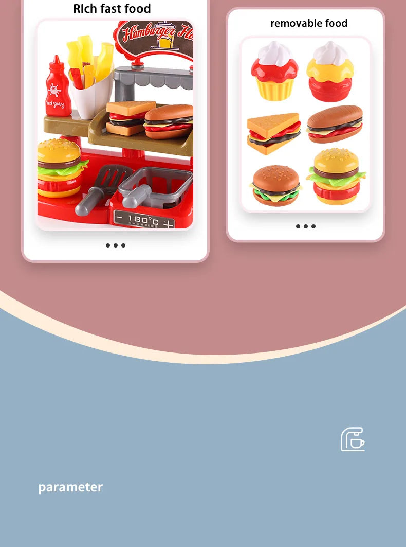 Kid Play House Game Kitchen Fast Food Restaurant Burger Fries Dessert Coffee Machine Cashier Set Mini Educational Role Play Toys