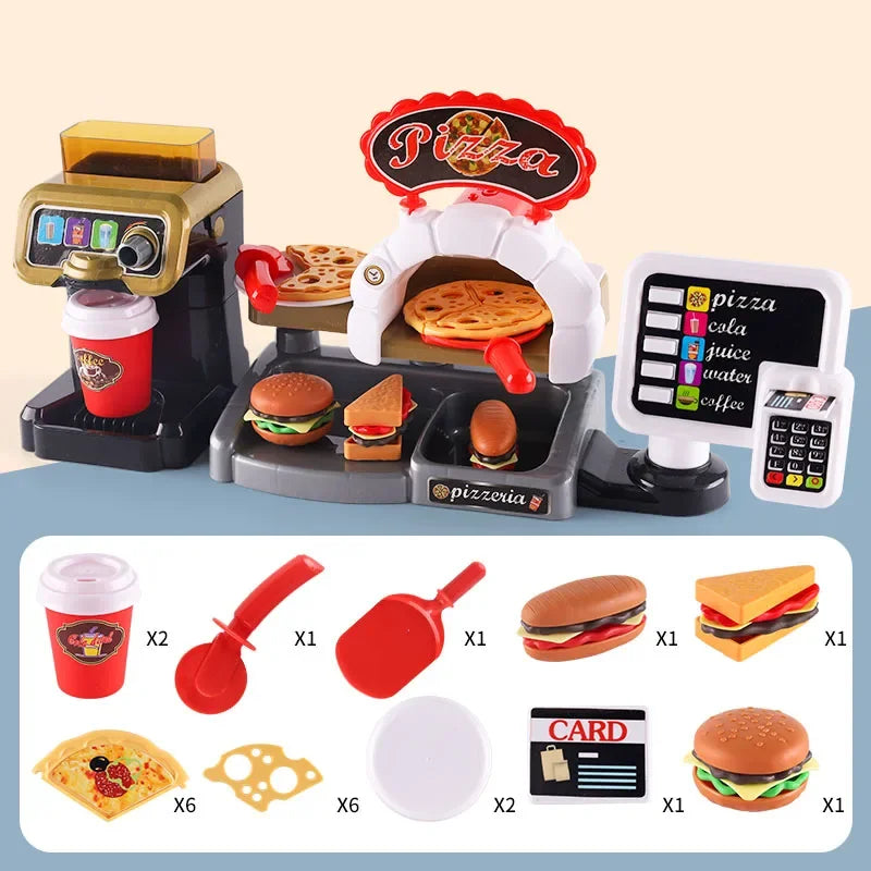 Kid Play House Game Kitchen Fast Food Restaurant Burger Fries Dessert Coffee Machine Cashier Set Mini Educational Role Play Toys