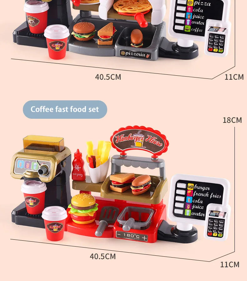 Kid Play House Game Kitchen Fast Food Restaurant Burger Fries Dessert Coffee Machine Cashier Set Mini Educational Role Play Toys