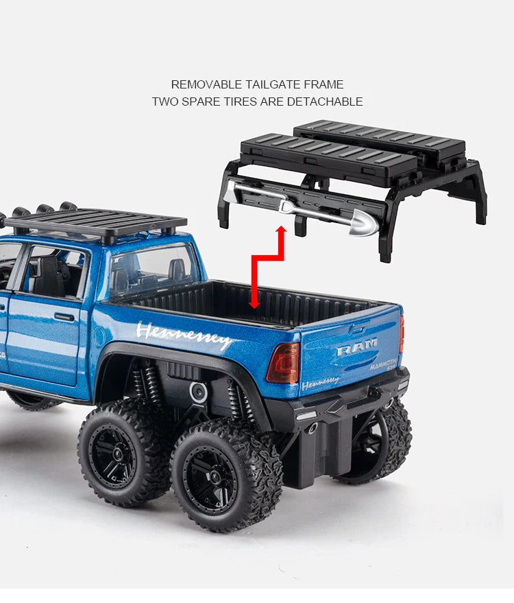 1:32 RAM 1500 TRX 6X6 Tyrannosaurus Rex Picku Alloy Car Model Sound and Light Children's Toy Collectibles Birthday gift