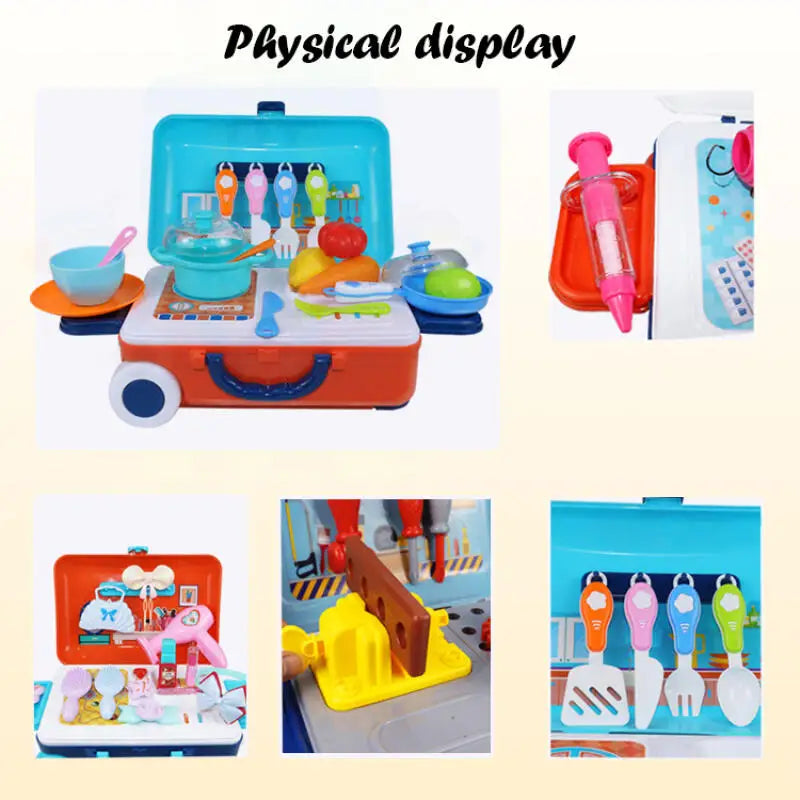 Children's Simulation Play House Kitchen Toys Girls Beauty Portable Tools Utensils Tableware Trolley Case Doctors Medical Kit