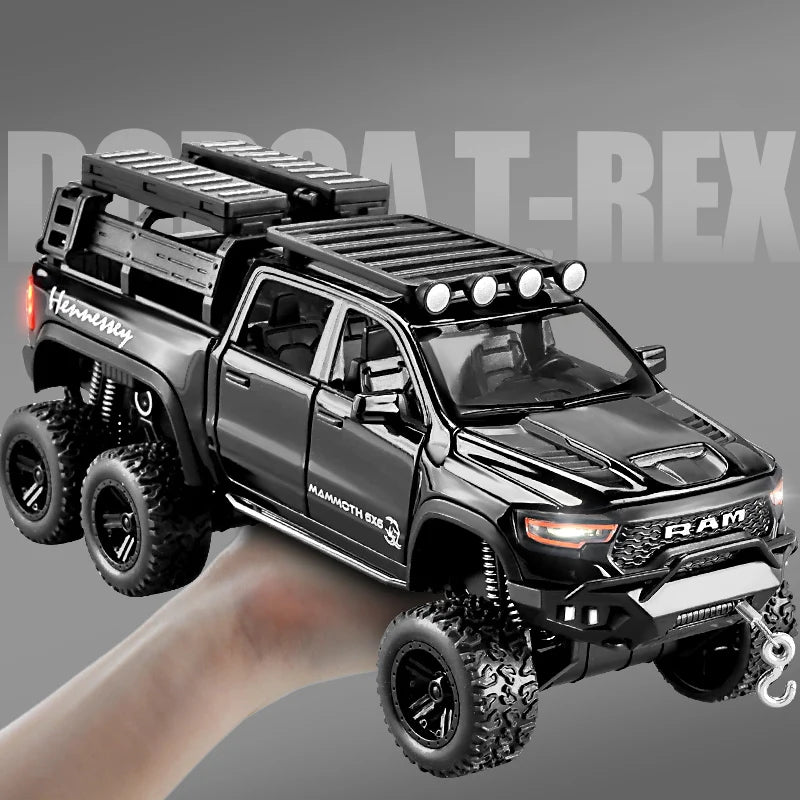 1:32 RAM 1500 TRX 6X6 Tyrannosaurus Rex Picku Alloy Car Model Sound and Light Children's Toy Collectibles Birthday gift