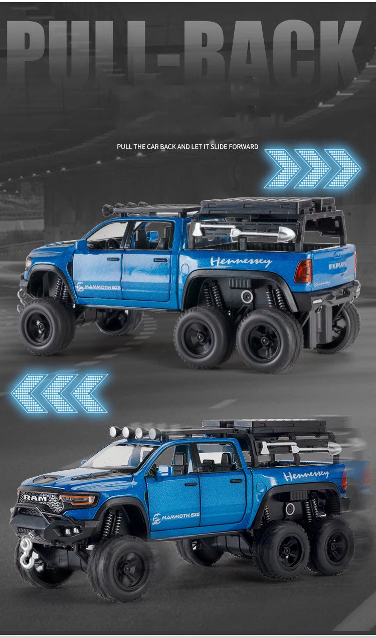 1:32 RAM 1500 TRX 6X6 Tyrannosaurus Rex Picku Alloy Car Model Sound and Light Children's Toy Collectibles Birthday gift