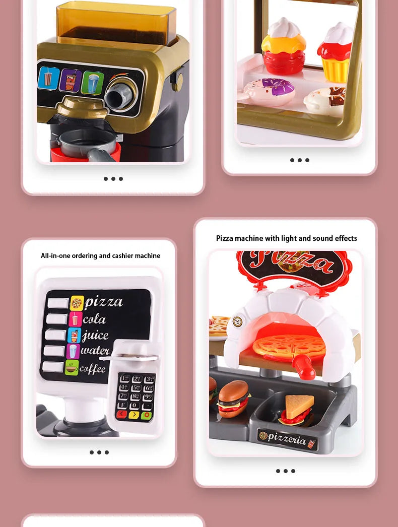 Kid Play House Game Kitchen Fast Food Restaurant Burger Fries Dessert Coffee Machine Cashier Set Mini Educational Role Play Toys