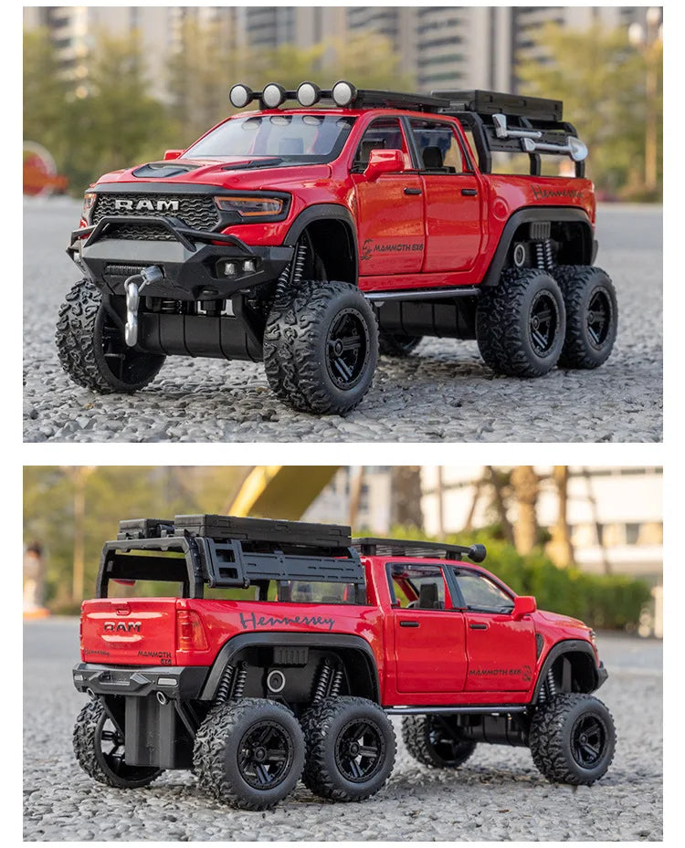 1:32 RAM 1500 TRX 6X6 Tyrannosaurus Rex Picku Alloy Car Model Sound and Light Children's Toy Collectibles Birthday gift