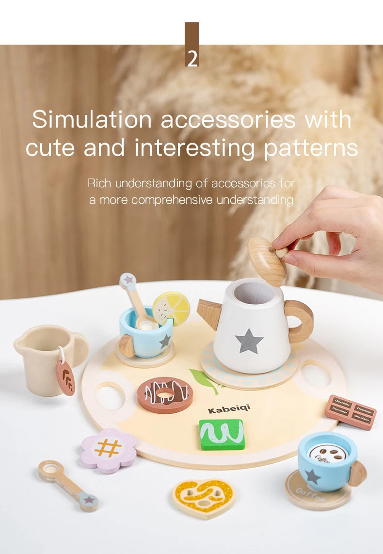 Wooden Kitchen Play Toys Kitchen Simulation Tea Set Afternoon Tea Activity Games Pretend Play Kitchen Accessories Toy for Kids