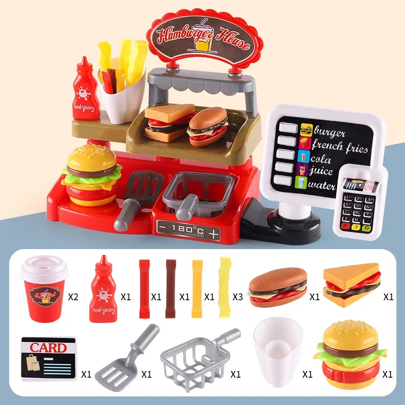 Kid Play House Game Kitchen Fast Food Restaurant Burger Fries Dessert Coffee Machine Cashier Set Mini Educational Role Play Toys