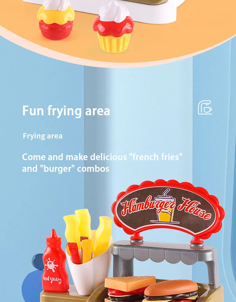 Kid Play House Game Kitchen Fast Food Restaurant Burger Fries Dessert Coffee Machine Cashier Set Mini Educational Role Play Toys