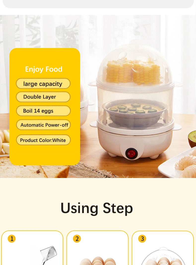 Electric Egg Cooker Steamer Boiler for 14 Eggs Two Layer Soft Medium Hard Boiled Egg Maker with Auto Shut Off Kitchen Appliance