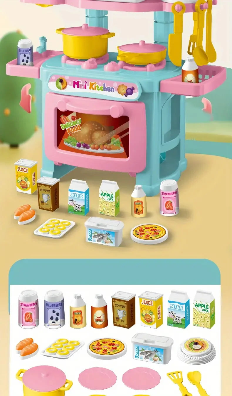 Kids Mini Kitchen Counter Play Set DIY Simulated Cooking Food Tableware Play House Role Play Pretend Game Toys Gift for Boy Girl