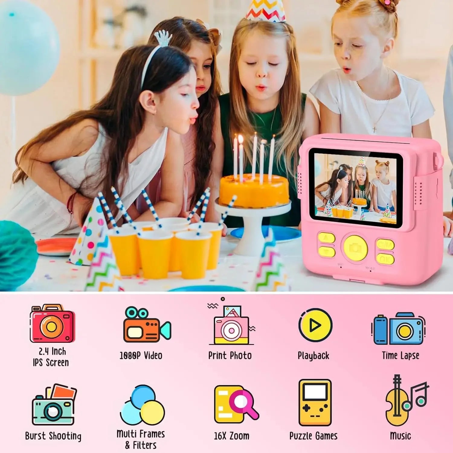 Instant Camera for Kids 2.4" 1080P Video Camera Instant Print Digital Camera with 32GB Card Gift for 3-12 Children's Camera