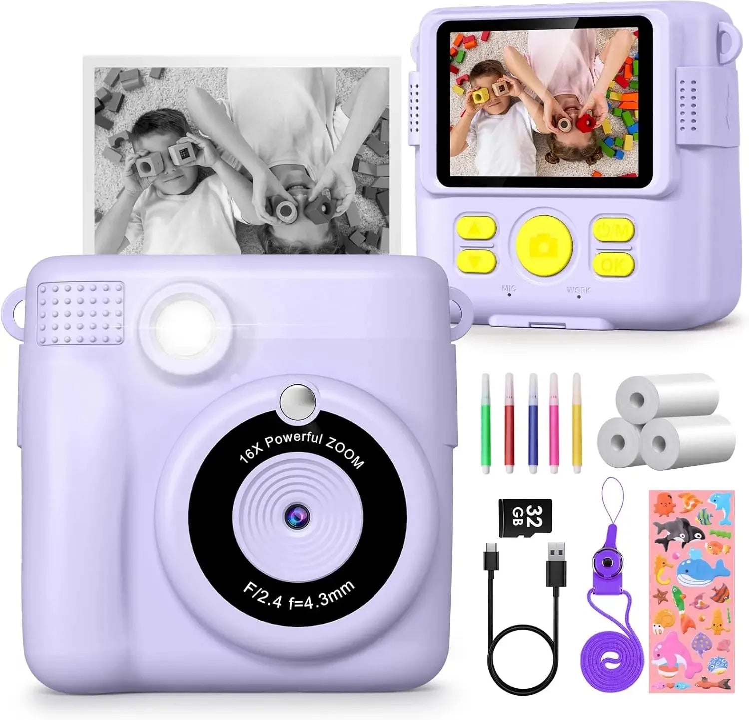 Instant Camera for Kids 2.4" 1080P Video Camera Instant Print Digital Camera with 32GB Card Gift for 3-12 Children's Camera