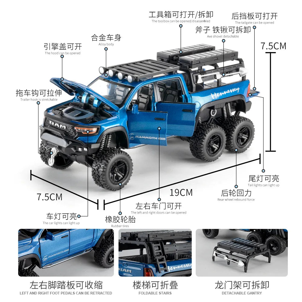 1:32 RAM 1500 TRX 6X6 Tyrannosaurus Rex Picku Alloy Car Model Sound and Light Children's Toy Collectibles Birthday gift