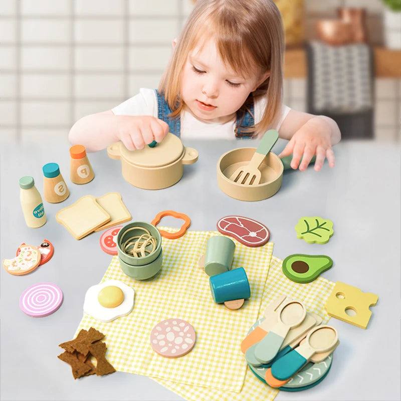 Simulation Wooden Kitchen Toys Mini Chef Kitchenette Play Role Game Early Educational Toys for Pretend Cooking For Kids Age 3+
