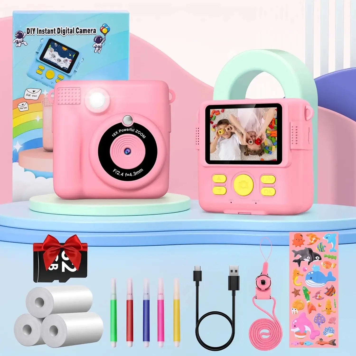 Instant Camera for Kids 2.4" 1080P Video Camera Instant Print Digital Camera with 32GB Card Gift for 3-12 Children's Camera