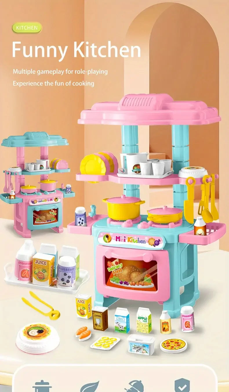 Kids Mini Kitchen Counter Play Set DIY Simulated Cooking Food Tableware Play House Role Play Pretend Game Toys Gift for Boy Girl