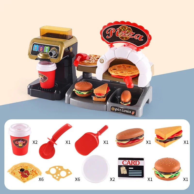 Kid Play House Game Kitchen Fast Food Restaurant Burger Fries Dessert Coffee Machine Cashier Set Mini Educational Role Play Toys
