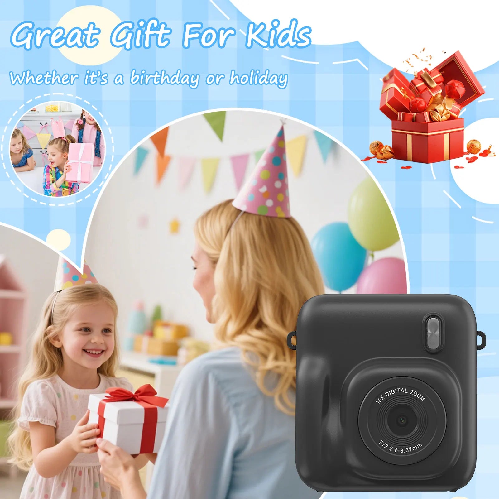 Kids Instant Print Camera 48MP Dual Lens Student Digital Cameras for Selfie Photography 1080P Kids Instant Print Camera