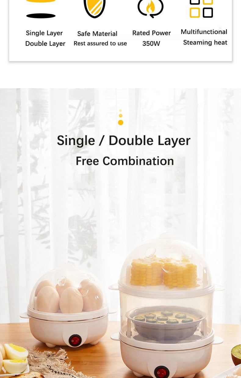 Electric Egg Cooker Steamer Boiler for 14 Eggs Two Layer Soft Medium Hard Boiled Egg Maker with Auto Shut Off Kitchen Appliance