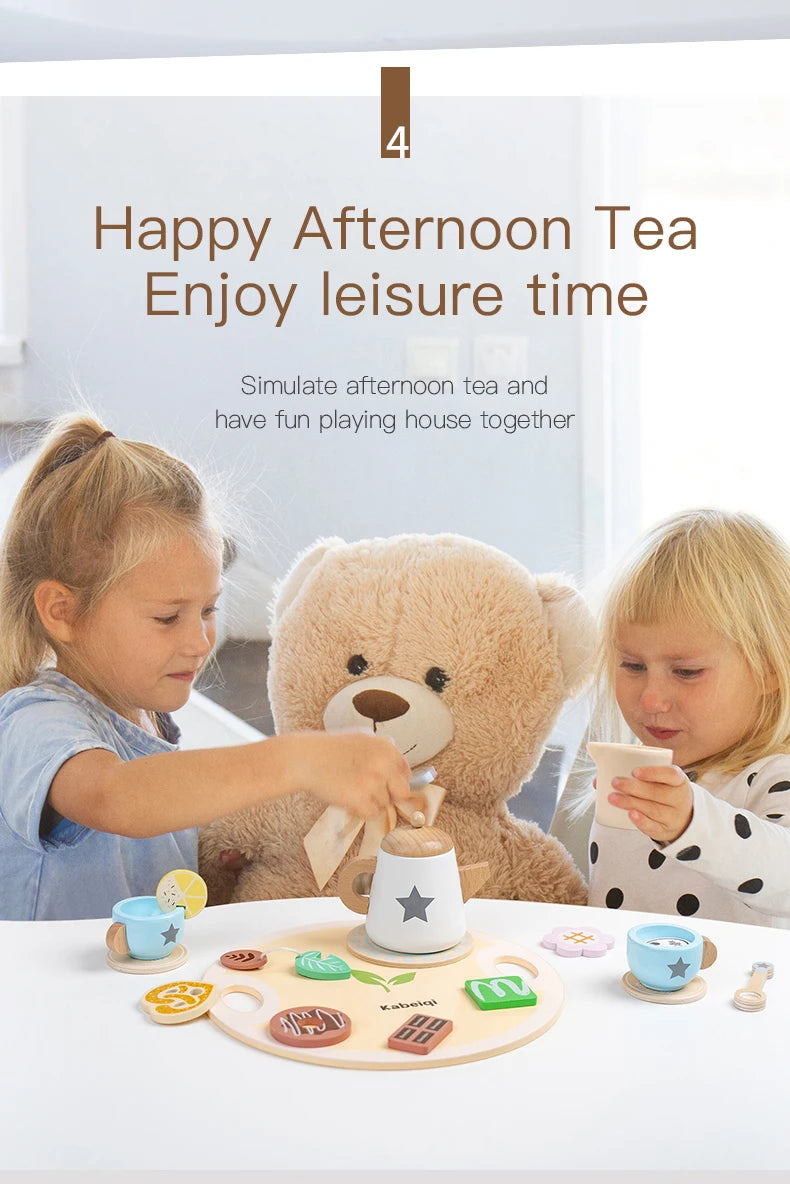 Wooden Kitchen Play Toys Kitchen Simulation Tea Set Afternoon Tea Activity Games Pretend Play Kitchen Accessories Toy for Kids